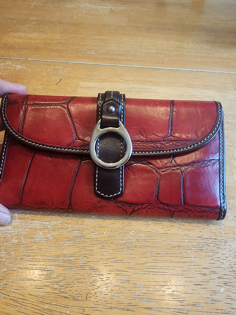 Dooney & Bourke Red Croc-Embossed Wallet with Dark Brown Trim and Silver Plaque
